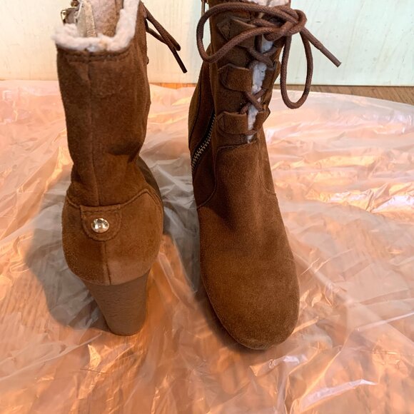 Camel Michael Kors Suede Leather Wedge Booties - Picture 2 of 3